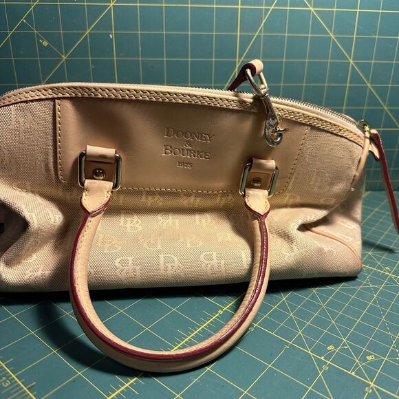 Dooney & Bourke  Medium Domed Tassel Fabric Satchel Handbag Tan Red Logo Print - Picture 7 of 14